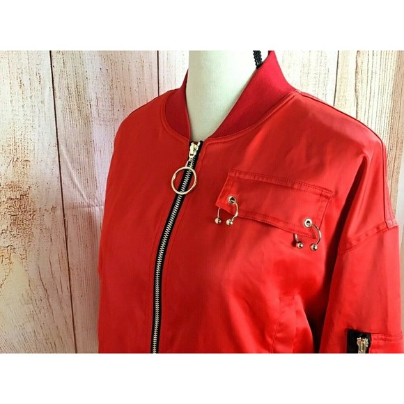 Max Martin Red Satiny Cropped Bomber Jacket Sz L - Picture 4 of 12